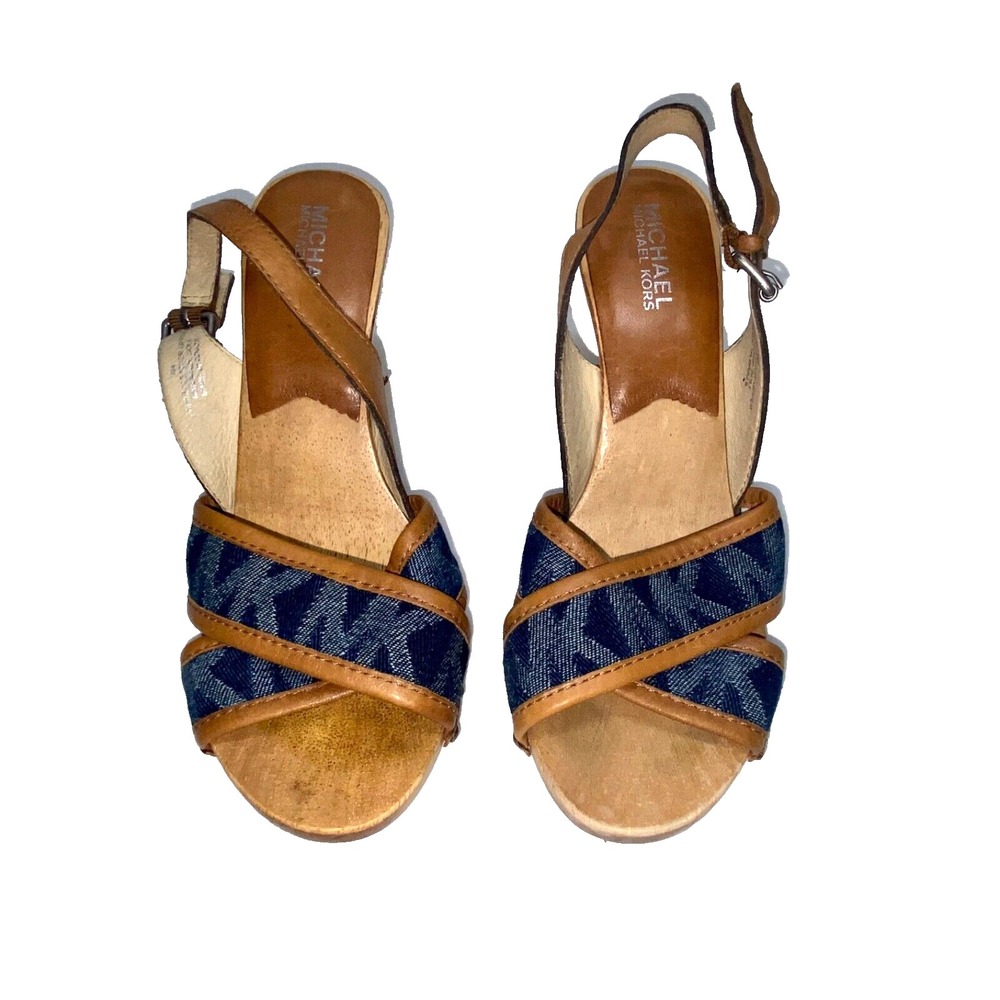 Michael Kors Sling Back Sandal Women's 8 Blue Denim Leather Wood Canvas Logo GUC